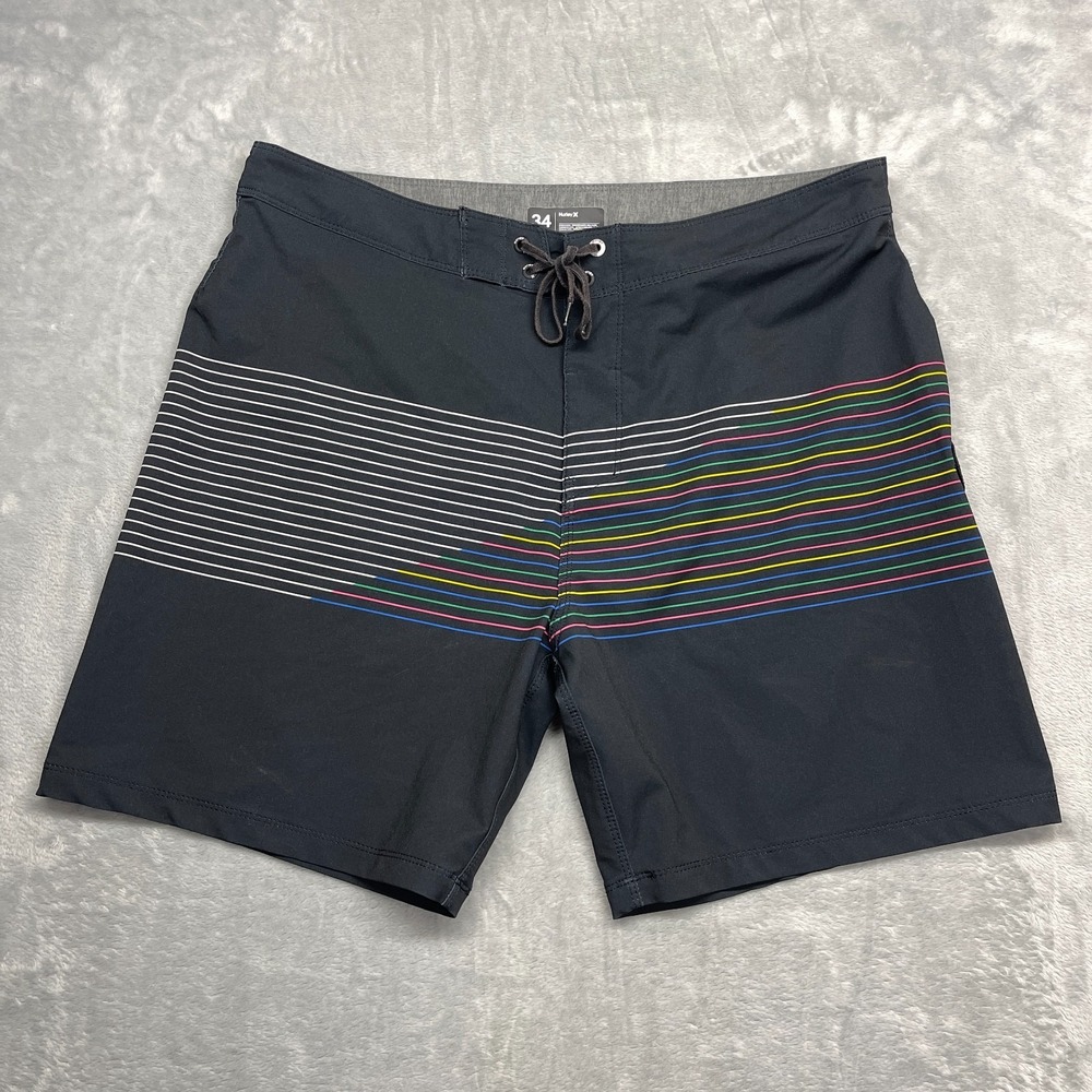 Hurley Shorts‎ Mens 34 Black Striped Stretch Swim Board Surf Surfing Water Polo